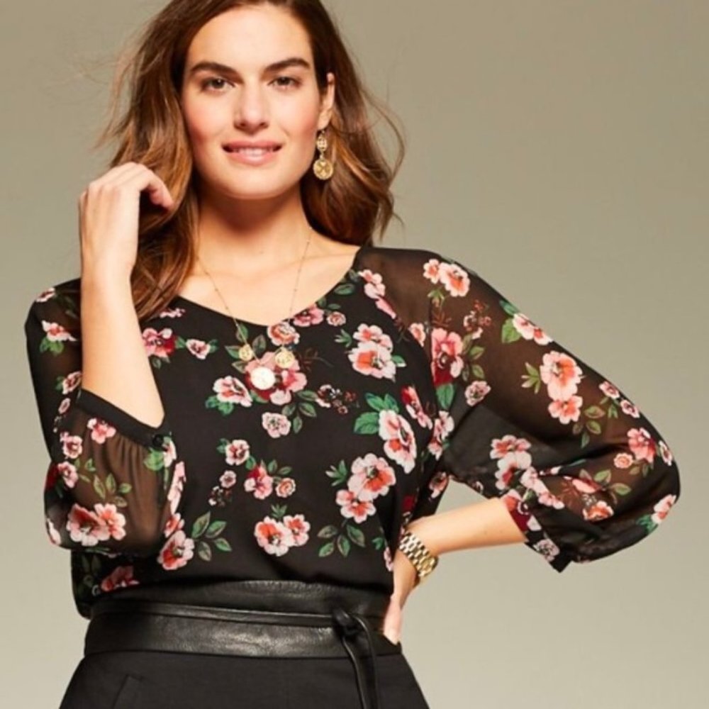 CAbi Black Garden Floral Blouse
